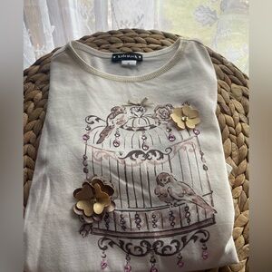Kate Mack Cream Tee with Bird and Floral Design